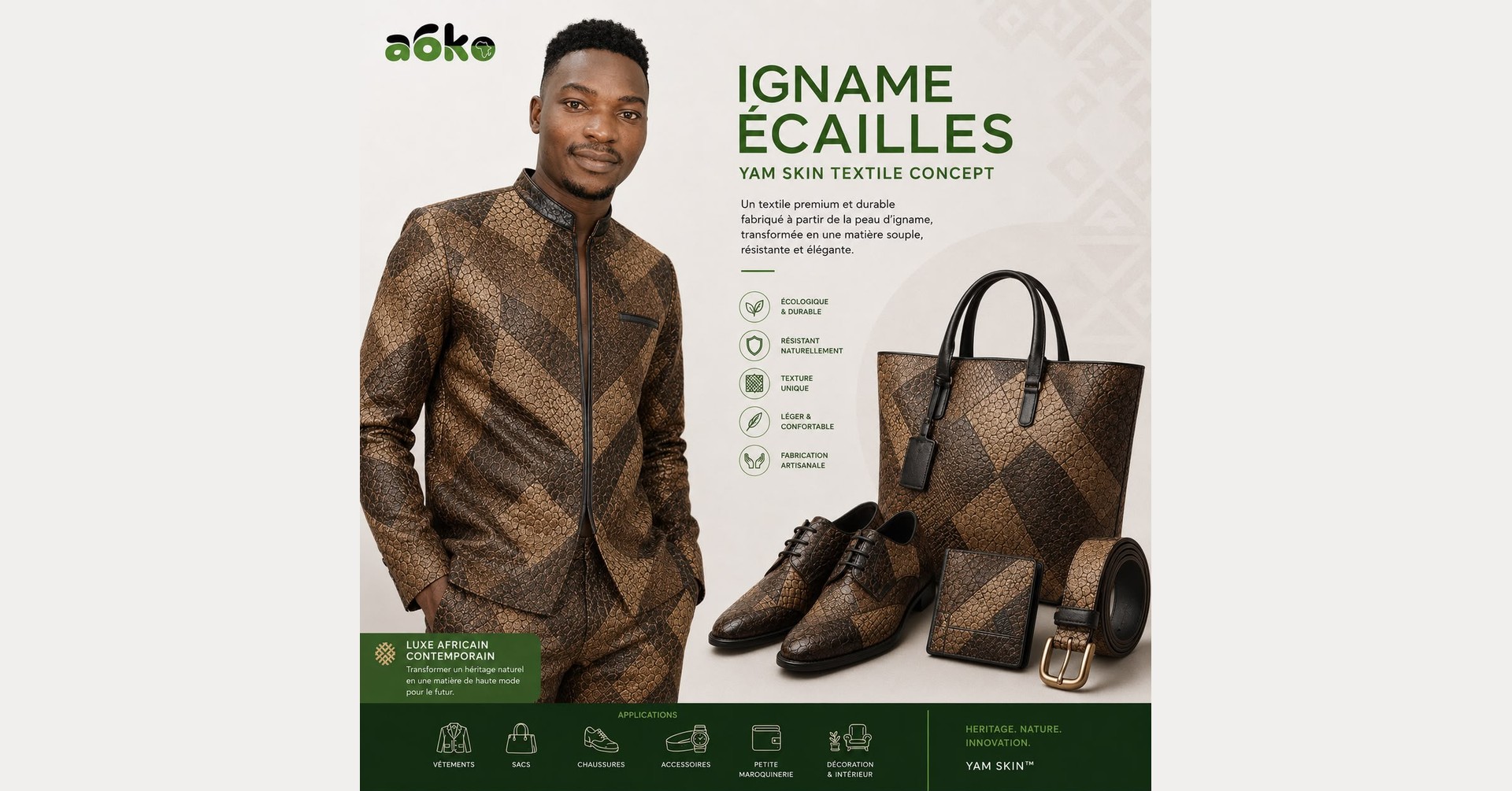 Concept "Igname Écailles", veste, sac, chaussures et accessoires imaginés dans une matière imitant la peau d'igname