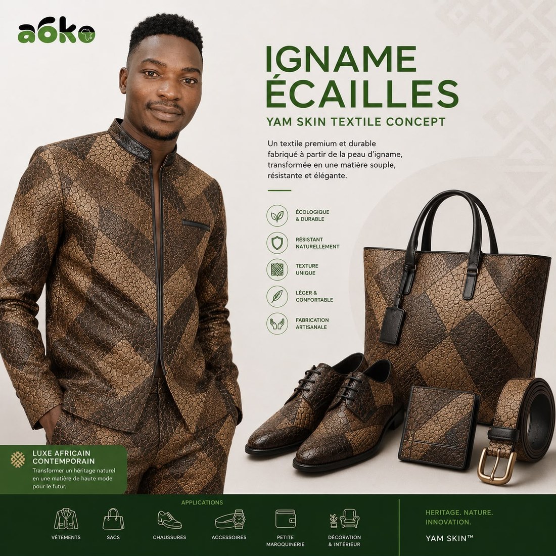 Concept "Igname Écailles", veste, sac, chaussures et accessoires imaginés dans une matière imitant la peau d'igname