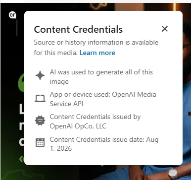 Popup Content Credentials sur LinkedIn après un clic sur le badge Cr, montrant l'outil IA utilisé et la date d'émission