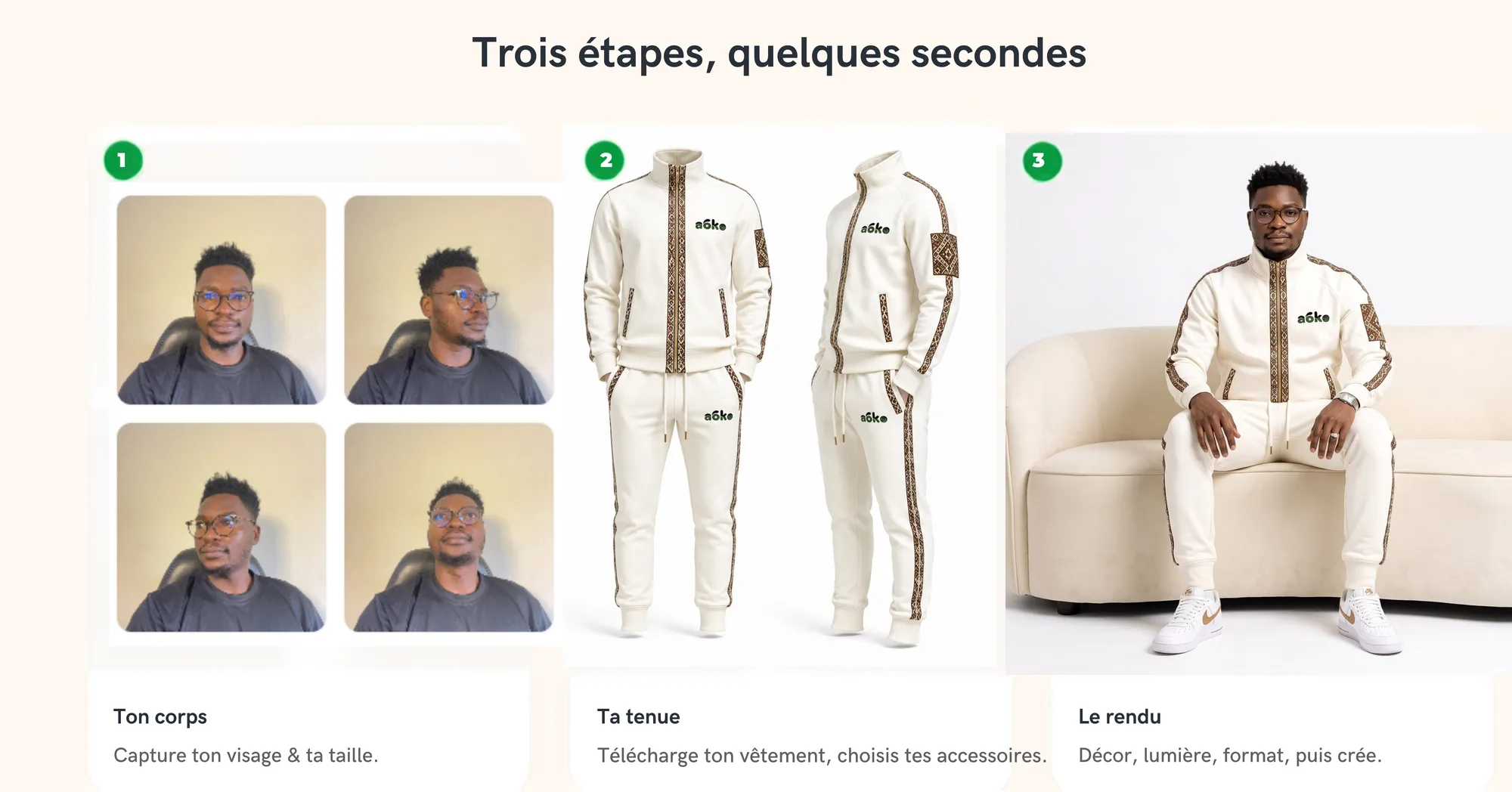 Trois étapes, quelques secondes : capture du visage, choix de la tenue, le rendu final en studio